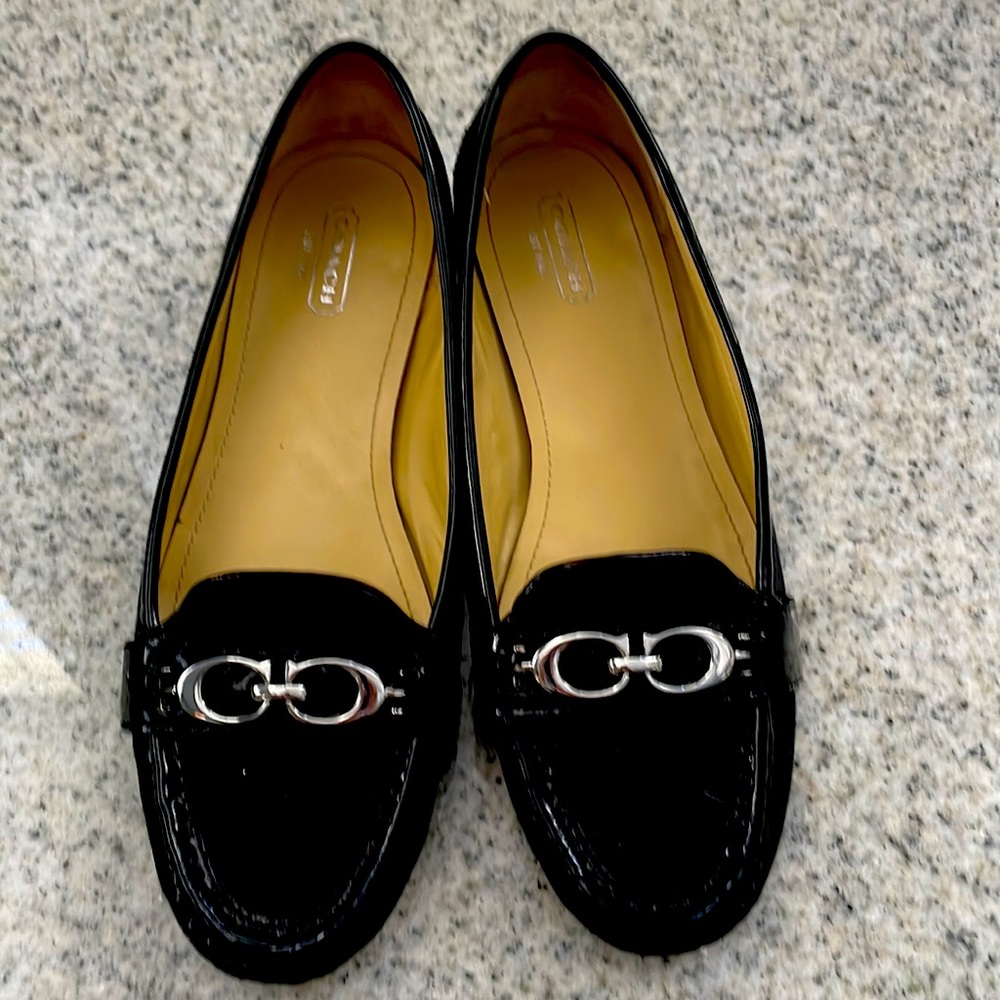 COPY - Coach “Eloise” Women’s Loafers, Black Logo Fabric w/Patent Leather Trim,…